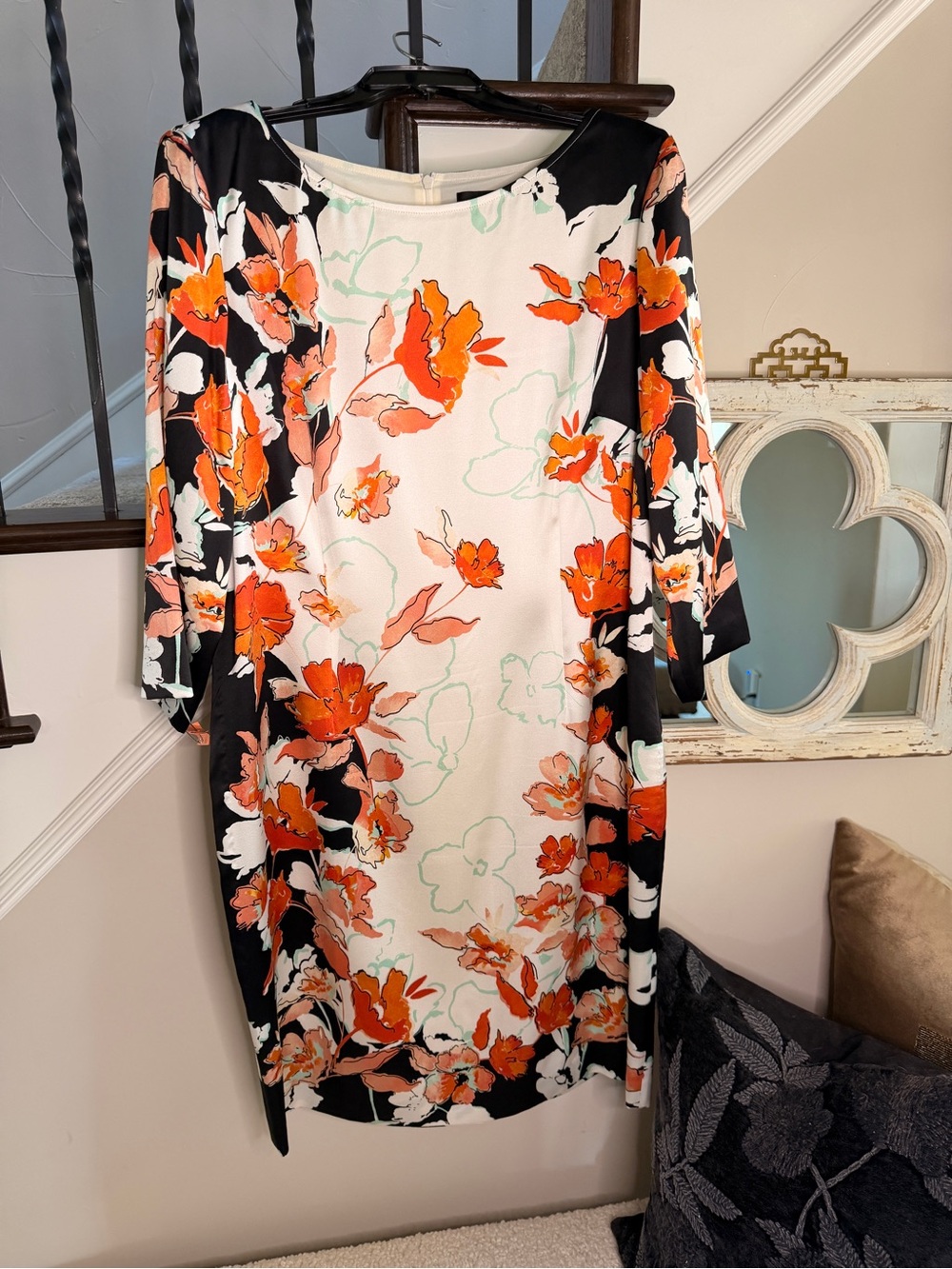 St. John Black, White and Orange Floral Midi Dress